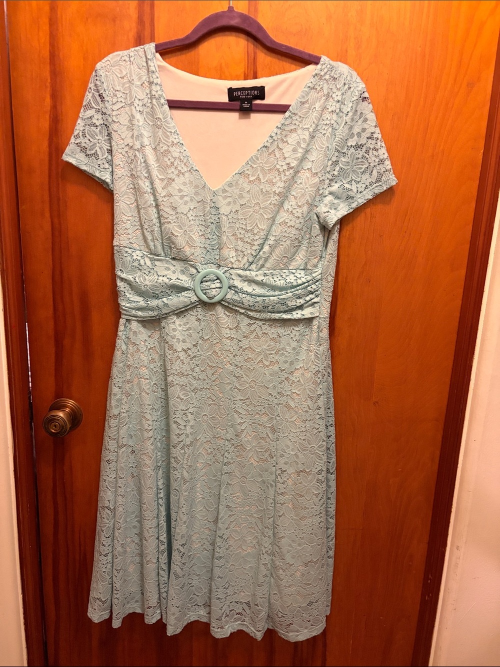Perceptions Lace Fit-and-Flare Midi Dress in Light Aqua